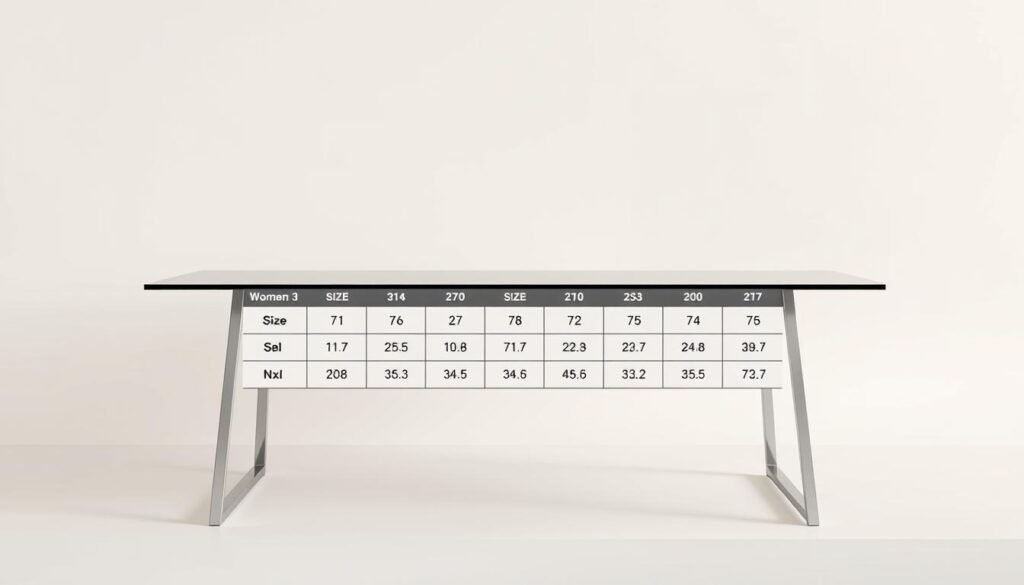 Detailed, highly photorealistic image of a sleek, modern table displaying a comprehensive women's size chart, with crisp, clean lines and a minimalist aesthetic. The table is presented against a plain white backdrop, allowing the sizing information to be the focal point. Excellent clarity and legibility of the size measurements, with a warm, inviting lighting setup that accentuates the precise, informative nature of the content. The overall mood is one of utility and functionality, providing a visually striking yet practical reference for the article's readers.