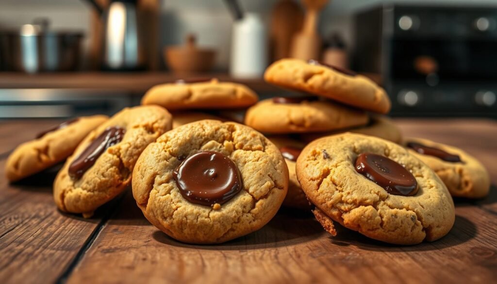 Mouthwatering homemade cookies, fresh from the oven, arranged on a rustic wooden table. The cookies are golden-brown, with a delicate crunch and gooey, chocolate-filled centers. Soft ambient lighting casts a warm glow, highlighting the tempting texture and aroma. In the background, a blurred kitchen scene, with subtle hints of appliances and utensils, creating a cozy, inviting atmosphere. The composition emphasizes the cookies as the central focus, capturing their irresistible appeal and making them the star of the image. Mouthwatering homemade cookies, fresh from the oven, arranged on a rustic wooden table. The cookies are golden-brown, with a delicate crunch and gooey, chocolate-filled centers. Soft ambient lighting casts a warm glow, highlighting the tempting texture and aroma. In the background, a blurred kitchen scene, with subtle hints of appliances and utensils, creating a cozy, inviting atmosphere. The composition emphasizes the cookies as the central focus, capturing their irresistible appeal and making them the star of the image.