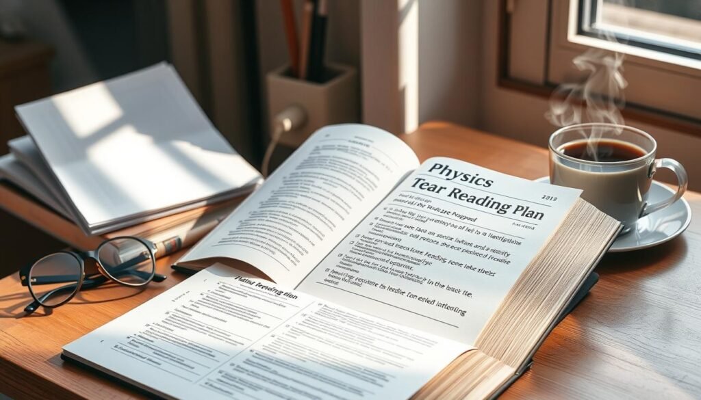 A beautifully bound physics textbook, its cover emblazoned with the title "แผนการอ่าน", sits open on a wooden desk. The pages reveal a meticulously organized reading plan, with bullet points and checklists guiding the reader through the content. Soft, natural light filters in through a nearby window, casting a warm glow over the scene. The textbook is accompanied by a pair of reading glasses, a pen, and a cup of steaming tea, creating an inviting and studious atmosphere. The composition is balanced and visually appealing, drawing the viewer's attention to the central focus of the reading plan. A beautifully bound physics textbook, its cover emblazoned with the title "แผนการอ่าน", sits open on a wooden desk. The pages reveal a meticulously organized reading plan, with bullet points and checklists guiding the reader through the content. Soft, natural light filters in through a nearby window, casting a warm glow over the scene. The textbook is accompanied by a pair of reading glasses, a pen, and a cup of steaming tea, creating an inviting and studious atmosphere. The composition is balanced and visually appealing, drawing the viewer's attention to the central focus of the reading plan.