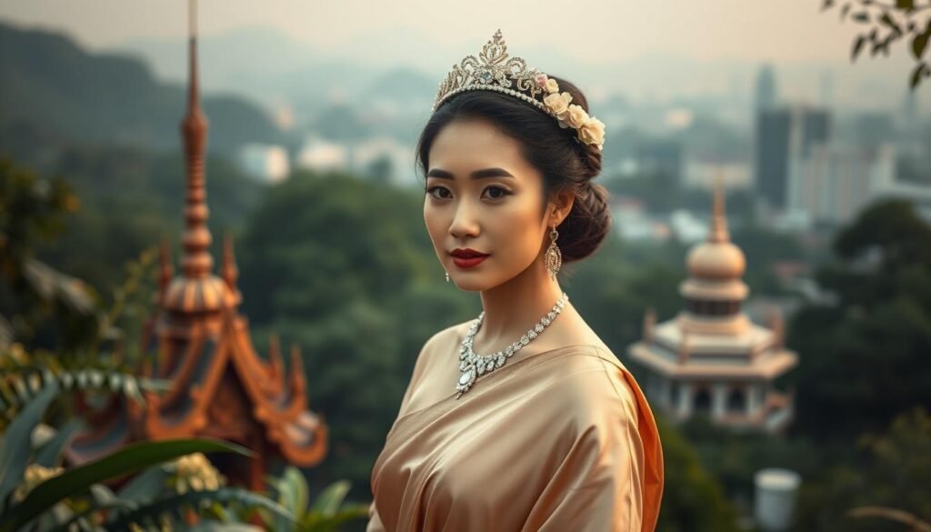 A captivating portrait of Princess Sirivannavari, a modern Thai royal embodying the grace and elegance of her heritage. Dressed in a sumptuous silk gown, she stands amidst a lush, verdant backdrop, her regal bearing complemented by a delicate floral crown. Soft, warm lighting illuminates her serene expression, conveying a sense of inner contemplation. In the middle ground, intricate Thai architectural details hint at the cultural context, while the background features a hazy, dreamlike cityscape, suggesting the princess's connection to both tradition and contemporary life. The overall composition captures the essence of "Sirivannavari" - a name that evokes the auspicious qualities of beauty, dignity, and timeless charm.