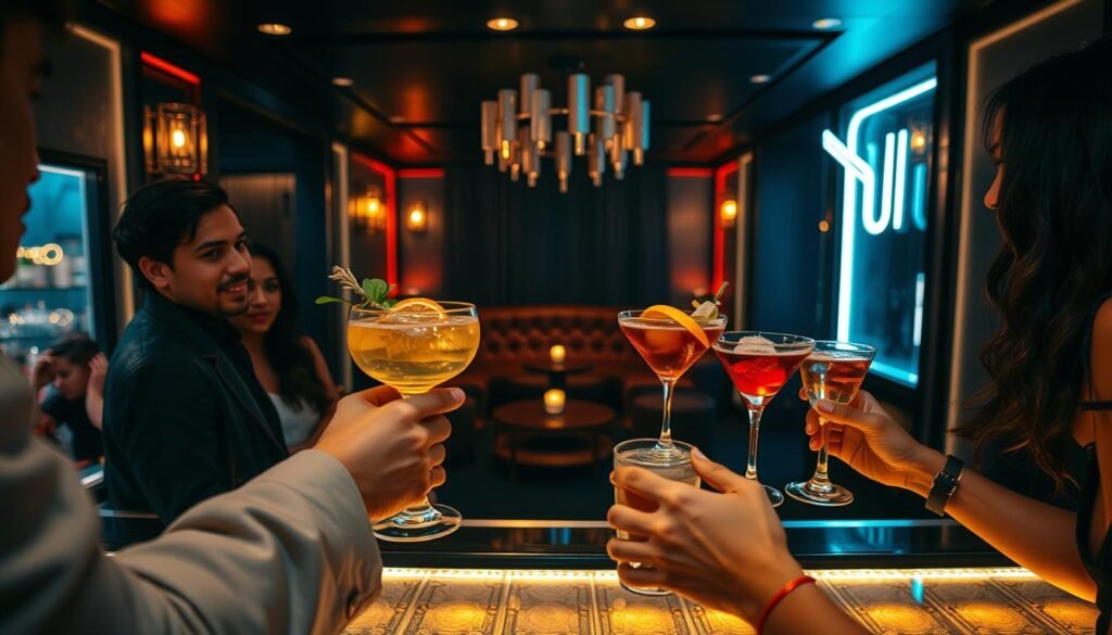 A chic and stylish party setting, with a modern and sophisticated ambiance. In the foreground, a group of friends dressed in trendy attire are gathered around a well-stocked bar, their hands holding unique and visually appealing cocktails. The middle ground features a dimly lit lounge area with plush seating, creating an intimate and cozy atmosphere. In the background, the scene is framed by sleek, contemporary decor and lighting fixtures, lending an air of exclusivity and urban elegance. The overall mood is one of celebration, camaraderie, and effortless style, perfectly capturing the essence of a "caption party" in a visually captivating manner.