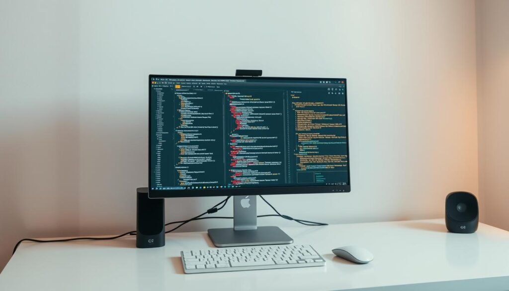 A clean, well-lit tech workspace with a modern desktop computer, keyboard, and mouse. On the screen, a prominent JavaScript code editor is open, showcasing lines of dynamic code. The environment has a sleek, minimalist aesthetic with muted colors and clean lines. Soft lighting illuminates the scene, creating a warm, focused atmosphere. The overall impression conveys the power and versatility of JavaScript, ready to be harnessed for smooth, seamless user experiences. A clean, well-lit tech workspace with a modern desktop computer, keyboard, and mouse. On the screen, a prominent JavaScript code editor is open, showcasing lines of dynamic code. The environment has a sleek, minimalist aesthetic with muted colors and clean lines. Soft lighting illuminates the scene, creating a warm, focused atmosphere. The overall impression conveys the power and versatility of JavaScript, ready to be harnessed for smooth, seamless user experiences.