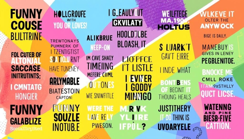 A colorful collage of trending social media caption templates, featuring a dynamic arrangement of playful, tongue-in-cheek phrases and quirky expressions. Set against a vibrant, abstract background with geometric shapes and gradients, the image captures the essence of the "Funny and Relatable Social Media Captions" section. Diverse font styles, sizes, and layouts add visual interest, while a cohesive color palette ties the composition together. The overall mood is lighthearted, humorous, and designed to inspire social media users to express their unique personalities through captivating captions. A colorful collage of trending social media caption templates, featuring a dynamic arrangement of playful, tongue-in-cheek phrases and quirky expressions. Set against a vibrant, abstract background with geometric shapes and gradients, the image captures the essence of the "Funny and Relatable Social Media Captions" section. Diverse font styles, sizes, and layouts add visual interest, while a cohesive color palette ties the composition together. The overall mood is lighthearted, humorous, and designed to inspire social media users to express their unique personalities through captivating captions.