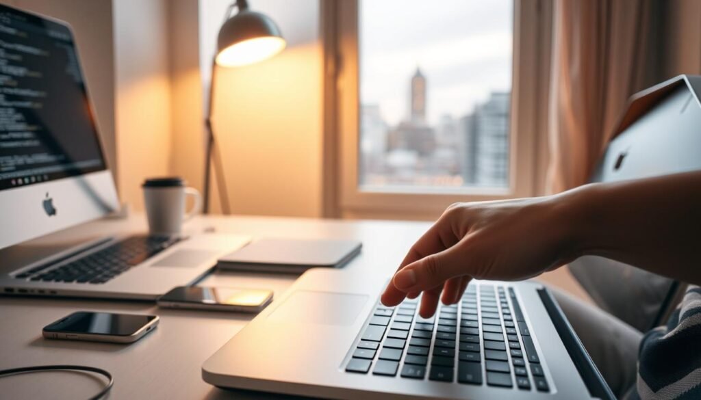 A cozy home office with a laptop, smartphone, and a clean workspace. Soft, diffused lighting illuminates the scene, creating a warm and focused atmosphere. In the foreground, a hand hovers over the laptop keyboard, about to activate JavaScript functionality. The background features a window overlooking a bustling city, hinting at the digital world beyond. The overall composition conveys a sense of productivity, technology, and the seamless integration of digital tools into everyday life.