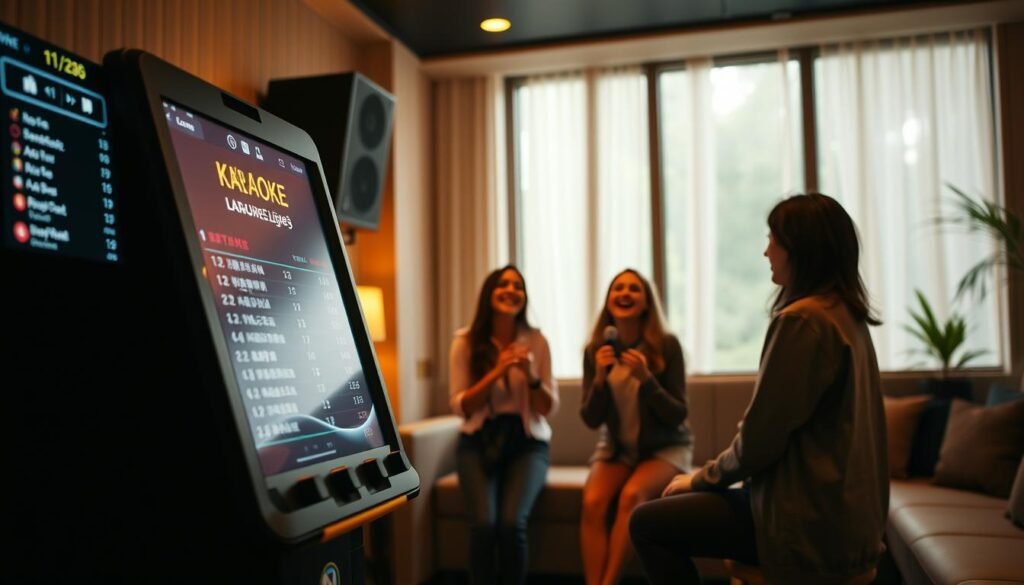 A cozy karaoke lounge, softly lit with warm tones. In the foreground, a sleek, modern karaoke machine with a large screen displaying song lyrics. The middle ground features a group of friends laughing and singing enthusiastically, their faces animated with joy. The background showcases a serene, minimalist decor, with large windows allowing natural light to filter in, creating a calming, introspective atmosphere. The overall scene conveys a sense of relaxation, camaraderie, and mindful engagement with the music, embodying the concept of "คาราโอเกะอย่างมีสติ" - a soothing, reflective karaoke experience.