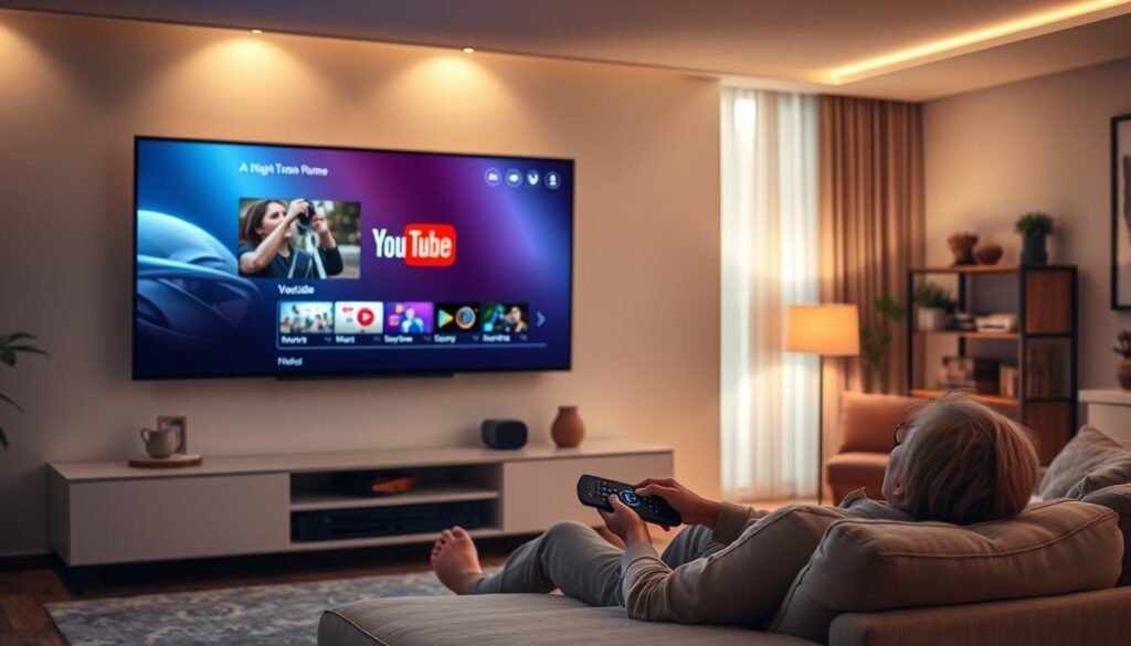 A cozy living room with a large, high-definition television screen taking center stage. The TV displays a vibrant, crisp image of the YouTube interface, inviting the viewer to dive into the vast library of online videos. Soft, warm lighting emanates from hidden sources, creating a relaxed and immersive atmosphere. In the foreground, a modern, minimalist entertainment unit holds the television, seamlessly blending into the room's elegant decor. The middle ground features a plush, comfortable couch where a person sits, remote in hand, ready to effortlessly control the viewing experience. The background showcases a tastefully decorated space, with subtle accents and natural elements that complement the overall mood. The entire scene conveys a sense of seamless integration between technology and home, enabling a smooth and enjoyable YouTube viewing experience. A cozy living room with a large, high-definition television screen taking center stage. The TV displays a vibrant, crisp image of the YouTube interface, inviting the viewer to dive into the vast library of online videos. Soft, warm lighting emanates from hidden sources, creating a relaxed and immersive atmosphere. In the foreground, a modern, minimalist entertainment unit holds the television, seamlessly blending into the room's elegant decor. The middle ground features a plush, comfortable couch where a person sits, remote in hand, ready to effortlessly control the viewing experience. The background showcases a tastefully decorated space, with subtle accents and natural elements that complement the overall mood. The entire scene conveys a sense of seamless integration between technology and home, enabling a smooth and enjoyable YouTube viewing experience.