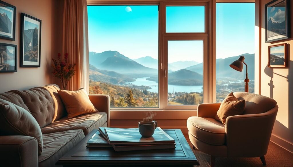 A cozy living room with a large window overlooking a serene, picturesque landscape. Soft, warm lighting illuminates a comfortable sofa and armchair, inviting the viewer to relax and immerse themselves in the scene. On the coffee table, a stack of travel magazines and a mug of steaming tea, hinting at the homeowner's passion for exploring the world from the comfort of their own abode. The walls are adorned with framed photos and artworks, capturing the essence of different cultures and destinations. An air of tranquility and introspection pervades the space, promising a captivating journey through the eyes of the armchair traveler.