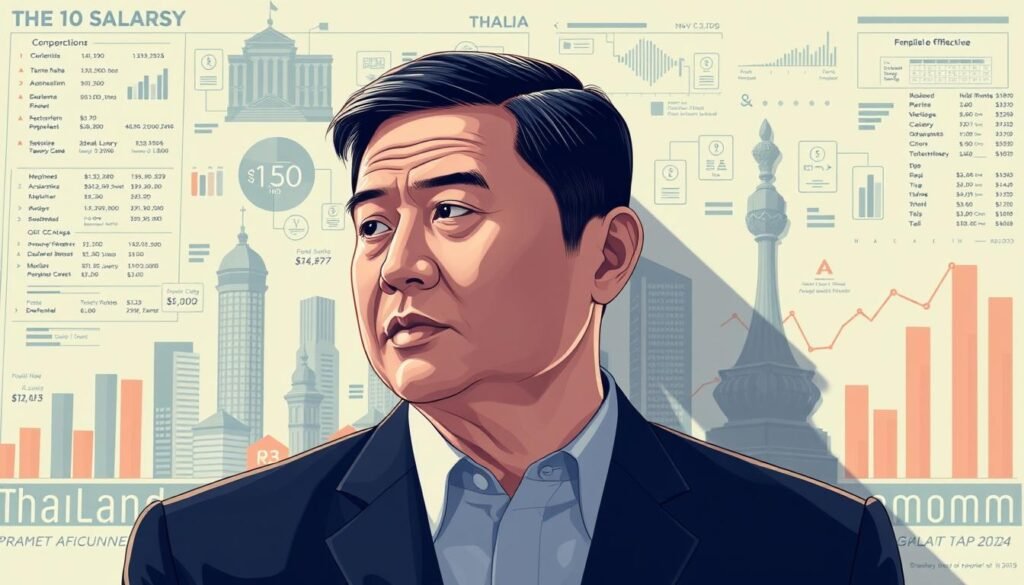 A detailed digital illustration depicting the relationship between the Thai prime minister's salary and the overall government budget. The composition should feature a central focal point showcasing the prime minister's salary, with visual cues to suggest its scale and proportion relative to the broader budgetary landscape. The background should be a layered representation of government financial data, charts, and graphs, rendered in a sleek, infographic-style aesthetic. The lighting should be clean and directional, casting subtle shadows to emphasize the dimensional aspects of the illustration. The overall mood should convey a sense of authority, precision, and transparency regarding the subject matter.