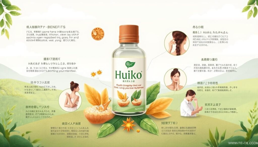 A detailed, high-quality illustration showcasing the benefits and usage guidelines of Huiko, a natural health and beauty product. The image should feature a central focus on the Huiko plant or product, surrounded by visuals that convey its various applications and effects. The foreground should depict the Huiko item prominently, highlighting its visual characteristics. The middle ground should illustrate people using or applying the product in different contexts, such as skin care, hair care, or wellness practices. The background should feature a serene, natural environment that complements the organic nature of Huiko. The overall mood should be calming, informative, and visually appealing, conveying the product's versatility and efficacy for health and beauty. A detailed, high-quality illustration showcasing the benefits and usage guidelines of Huiko, a natural health and beauty product. The image should feature a central focus on the Huiko plant or product, surrounded by visuals that convey its various applications and effects. The foreground should depict the Huiko item prominently, highlighting its visual characteristics. The middle ground should illustrate people using or applying the product in different contexts, such as skin care, hair care, or wellness practices. The background should feature a serene, natural environment that complements the organic nature of Huiko. The overall mood should be calming, informative, and visually appealing, conveying the product's versatility and efficacy for health and beauty.