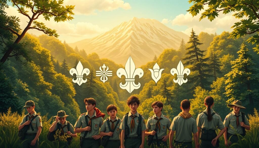 A detailed illustration of the Scout Motto, set against a backdrop of lush, verdant scenery. In the foreground, a group of Scouts engaged in various activities, their uniforms crisp and their expressions determined. The middle ground showcases a series of icons and emblems representing the core values of Scouting, rendered in a stylized, heraldic fashion. In the distance, a majestic mountain range rises, symbolizing the spirit of adventure and exploration that underpins the Scout movement. The lighting is warm and natural, casting a golden glow over the entire scene, evoking a sense of timelessness and tradition. The overall composition conveys the depth and significance of the Scout Motto, blending a sense of practical application with a deeper, philosophical understanding. A detailed illustration of the Scout Motto, set against a backdrop of lush, verdant scenery. In the foreground, a group of Scouts engaged in various activities, their uniforms crisp and their expressions determined. The middle ground showcases a series of icons and emblems representing the core values of Scouting, rendered in a stylized, heraldic fashion. In the distance, a majestic mountain range rises, symbolizing the spirit of adventure and exploration that underpins the Scout movement. The lighting is warm and natural, casting a golden glow over the entire scene, evoking a sense of timelessness and tradition. The overall composition conveys the depth and significance of the Scout Motto, blending a sense of practical application with a deeper, philosophical understanding.