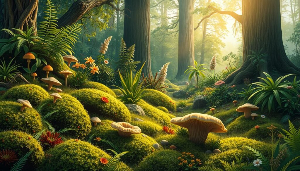 A detailed illustration of the biotic components that comprise an ecosystem. In the foreground, a lush carpet of verdant mosses, ferns, and fungi intermingle, capturing the vibrant, organic textures of the forest floor. In the middle ground, a diverse array of flowering plants, shrubs, and trees sway gently in a warm, diffused light, conveying a sense of thriving, interconnected life. In the background, a towering canopy filters sunlight, casting dappled shadows that add depth and atmosphere to the scene. The overall composition should evoke a serene, balanced, and harmonious natural environment, representative of the diverse biotic elements that define an ecosystem.