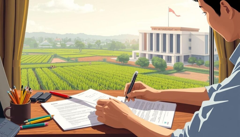A detailed illustration showcasing the process of checking eligibility for the "เช็คสิทธิ์โครงการช่วยเหลือ" program. In the foreground, a person carefully examining official-looking documents and forms on a wooden desk, surrounded by a tidy array of pens, highlighters, and a laptop. The middle ground depicts a serene landscape of lush green rice fields, with farmers tending to their crops. In the background, a modern government building with a prominent sign and logo, conveying a sense of authority and bureaucracy. The lighting is soft and natural, creating a contemplative and focused atmosphere. The overall composition emphasizes the importance of carefully navigating the administrative procedures to access the program's benefits. A detailed illustration showcasing the process of checking eligibility for the "เช็คสิทธิ์โครงการช่วยเหลือ" program. In the foreground, a person carefully examining official-looking documents and forms on a wooden desk, surrounded by a tidy array of pens, highlighters, and a laptop. The middle ground depicts a serene landscape of lush green rice fields, with farmers tending to their crops. In the background, a modern government building with a prominent sign and logo, conveying a sense of authority and bureaucracy. The lighting is soft and natural, creating a contemplative and focused atmosphere. The overall composition emphasizes the importance of carefully navigating the administrative procedures to access the program's benefits.