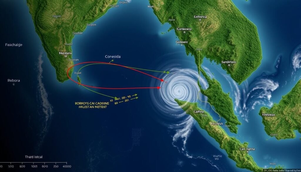 A detailed map depicting the latest storm track and high-risk areas, rendered in a realistic, documentary-style. Satellite imagery overlaid with meteorological data shows the dynamic path of the tropical cyclone as it approaches the Thai coastline. Topographical features like mountains and valleys are clearly visible, indicating potential landslide and flood zones. The image conveys a sense of imminent danger and the need for preparedness, with a somber, cautionary tone to match the article's subject matter. A detailed map depicting the latest storm track and high-risk areas, rendered in a realistic, documentary-style. Satellite imagery overlaid with meteorological data shows the dynamic path of the tropical cyclone as it approaches the Thai coastline. Topographical features like mountains and valleys are clearly visible, indicating potential landslide and flood zones. The image conveys a sense of imminent danger and the need for preparedness, with a somber, cautionary tone to match the article's subject matter.