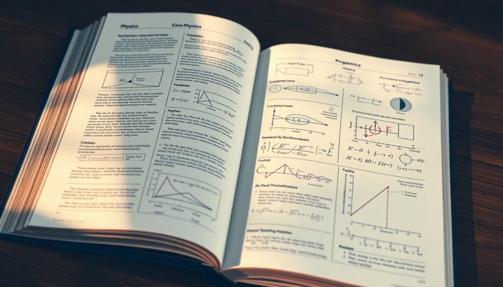 A detailed physics textbook page with a clean, minimalist layout. The central focus is a series of neatly organized diagrams, charts, and equations covering core physics concepts like mechanics, electromagnetism, and thermodynamics. The diagrams are rendered in a precise, technical style with crisp lines and muted color tones. The page is illuminated by warm, directional lighting, casting subtle shadows and highlighting the textural details of the paper. The overall aesthetic is one of academic rigor and educational clarity, suitable for illustrating a comprehensive physics review. A detailed physics textbook page with a clean, minimalist layout. The central focus is a series of neatly organized diagrams, charts, and equations covering core physics concepts like mechanics, electromagnetism, and thermodynamics. The diagrams are rendered in a precise, technical style with crisp lines and muted color tones. The page is illuminated by warm, directional lighting, casting subtle shadows and highlighting the textural details of the paper. The overall aesthetic is one of academic rigor and educational clarity, suitable for illustrating a comprehensive physics review.