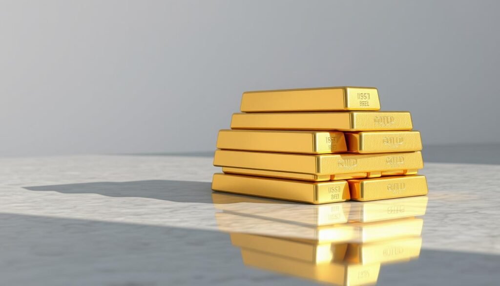 A detailed, realistic 3D render of a stack of gold or silver bullion bars, perfectly aligned and reflecting the light. The bars are placed on a reflective surface, such as a polished granite or marble table, with a plain, neutral background that allows the focus to be on the bullion. The lighting is natural and soft, creating subtle shadows and highlights that enhance the texture and luster of the precious metals. The composition is well-balanced, with the bullion bars taking up a significant portion of the frame, conveying a sense of the weight and value of the precious metals. The overall mood is one of stability, wealth, and the tangible nature of physical precious metals as an investment. A detailed, realistic 3D render of a stack of gold or silver bullion bars, perfectly aligned and reflecting the light. The bars are placed on a reflective surface, such as a polished granite or marble table, with a plain, neutral background that allows the focus to be on the bullion. The lighting is natural and soft, creating subtle shadows and highlights that enhance the texture and luster of the precious metals. The composition is well-balanced, with the bullion bars taking up a significant portion of the frame, conveying a sense of the weight and value of the precious metals. The overall mood is one of stability, wealth, and the tangible nature of physical precious metals as an investment.