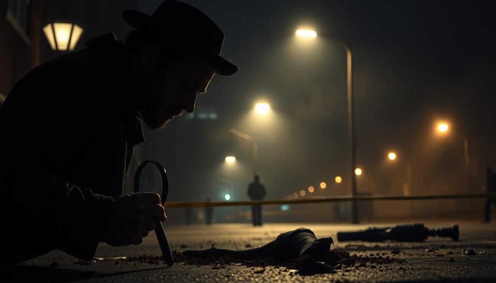A dimly lit crime scene, shadows cast by flickering streetlights. In the foreground, a lone detective examines evidence, magnifying glass in hand, piecing together the puzzle of a heinous act. The middle ground reveals the grisly aftermath, a stark reminder of the darkness that lurks within the human psyche. In the background, a city skyline shrouded in an ominous haze, a sense of unease permeating the air. High-contrast lighting, a moody color palette, and a cinematic angle convey the gravity and suspense of true crime narratives. This image evokes the complex emotions, moral quandaries, and thirst for justice that drive the fascination with real-life criminal investigations. A dimly lit crime scene, shadows cast by flickering streetlights. In the foreground, a lone detective examines evidence, magnifying glass in hand, piecing together the puzzle of a heinous act. The middle ground reveals the grisly aftermath, a stark reminder of the darkness that lurks within the human psyche. In the background, a city skyline shrouded in an ominous haze, a sense of unease permeating the air. High-contrast lighting, a moody color palette, and a cinematic angle convey the gravity and suspense of true crime narratives. This image evokes the complex emotions, moral quandaries, and thirst for justice that drive the fascination with real-life criminal investigations.