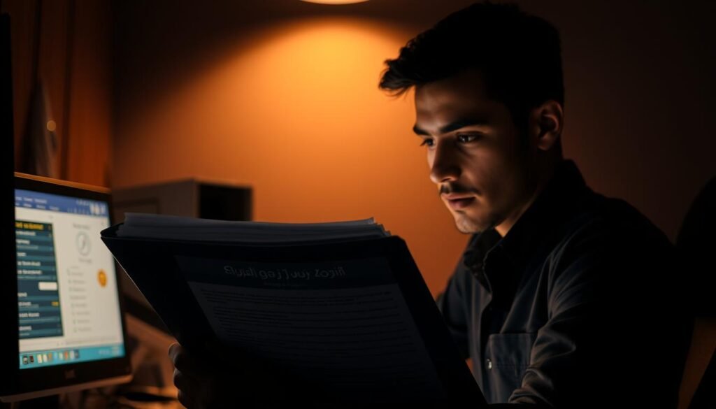 A dimly lit office setting, with a desktop computer and a folder labeled "อัตราค่าตอบแทน เงินเดือน ทหาร พราน ล่าสุด" visible on the desk. The user is sitting in front of the computer, carefully examining the contents of the folder, with a focused expression on their face. The lighting is warm and subdued, creating a sense of concentration and attention to detail. The background is slightly blurred, emphasizing the importance of the task at hand. The overall composition suggests the user is in the process of verifying the latest compensation and salary rates for military personnel. A dimly lit office setting, with a desktop computer and a folder labeled "อัตราค่าตอบแทน เงินเดือน ทหาร พราน ล่าสุด" visible on the desk. The user is sitting in front of the computer, carefully examining the contents of the folder, with a focused expression on their face. The lighting is warm and subdued, creating a sense of concentration and attention to detail. The background is slightly blurred, emphasizing the importance of the task at hand. The overall composition suggests the user is in the process of verifying the latest compensation and salary rates for military personnel.
