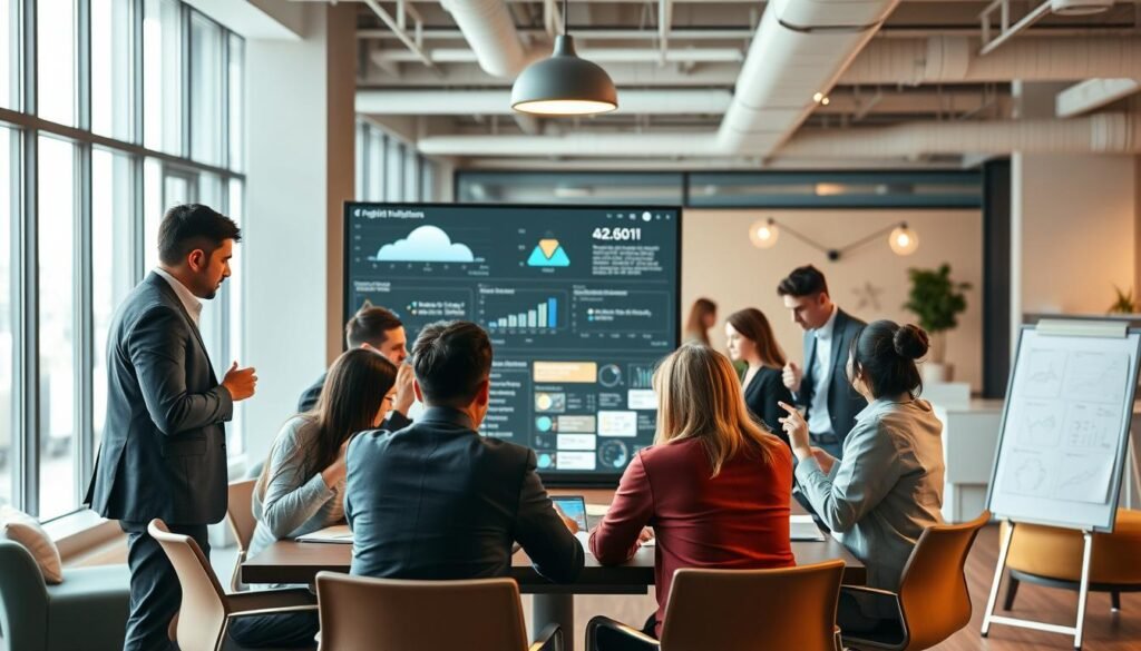 A dynamic business scene with a group of diverse professionals gathered around a table, deeply engaged in a digital transformation strategy meeting. The foreground features a team of leaders passionately discussing data analytics dashboards, cloud infrastructure, and Agile workflows displayed on a large interactive screen. The middle ground showcases team members collaborating on digital prototypes, brainstorming ideas, and sketching on digital whiteboards. The background depicts an open-concept office space with floor-to-ceiling windows, modern furnishings, and a vibrant atmosphere that encourages creativity and innovation. Warm, directional lighting casts a focused glow on the scene, emphasizing the dedicated teamwork and strategic intent of the digital transformation process. A dynamic business scene with a group of diverse professionals gathered around a table, deeply engaged in a digital transformation strategy meeting. The foreground features a team of leaders passionately discussing data analytics dashboards, cloud infrastructure, and Agile workflows displayed on a large interactive screen. The middle ground showcases team members collaborating on digital prototypes, brainstorming ideas, and sketching on digital whiteboards. The background depicts an open-concept office space with floor-to-ceiling windows, modern furnishings, and a vibrant atmosphere that encourages creativity and innovation. Warm, directional lighting casts a focused glow on the scene, emphasizing the dedicated teamwork and strategic intent of the digital transformation process.