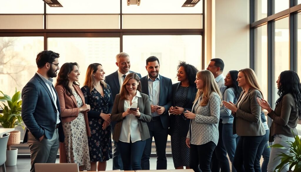 A dynamic group of diverse leaders and employees collaborating in a modern, well-lit office. The leaders, in formal attire, stand tall and confident, guiding their team. The employees, a mix of genders and ethnicities, engage in animated discussions, their body language reflecting engagement and synergy. Warm, natural lighting filters through large windows, casting a collaborative, inspirational atmosphere. The scene conveys a harmonious, productive workplace where ideas flow freely, and everyone contributes to the collective success. A dynamic group of diverse leaders and employees collaborating in a modern, well-lit office. The leaders, in formal attire, stand tall and confident, guiding their team. The employees, a mix of genders and ethnicities, engage in animated discussions, their body language reflecting engagement and synergy. Warm, natural lighting filters through large windows, casting a collaborative, inspirational atmosphere. The scene conveys a harmonious, productive workplace where ideas flow freely, and everyone contributes to the collective success.