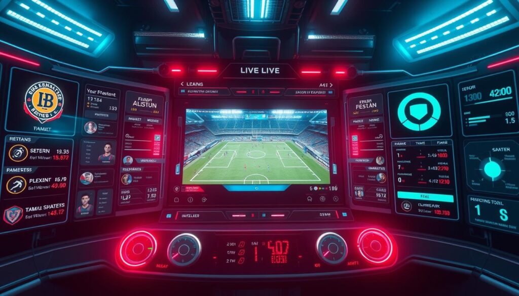 A dynamic live broadcast and real-time score notification interface. A sleek, high-tech UI with a prominent center display showcasing a live match in progress. Surrounding this are informative panels with team logos, player stats, and real-time scoring updates. The whole scene is bathed in a cool, futuristic lighting scheme with subtle neon accents, creating an immersive, tech-savvy atmosphere. The camera angle is slightly elevated, providing an overview of the comprehensive dashboard-like layout. The overall design conveys a sense of immediacy, connectivity, and a deep integration of digital media into the sports viewing experience. A dynamic live broadcast and real-time score notification interface. A sleek, high-tech UI with a prominent center display showcasing a live match in progress. Surrounding this are informative panels with team logos, player stats, and real-time scoring updates. The whole scene is bathed in a cool, futuristic lighting scheme with subtle neon accents, creating an immersive, tech-savvy atmosphere. The camera angle is slightly elevated, providing an overview of the comprehensive dashboard-like layout. The overall design conveys a sense of immediacy, connectivity, and a deep integration of digital media into the sports viewing experience.