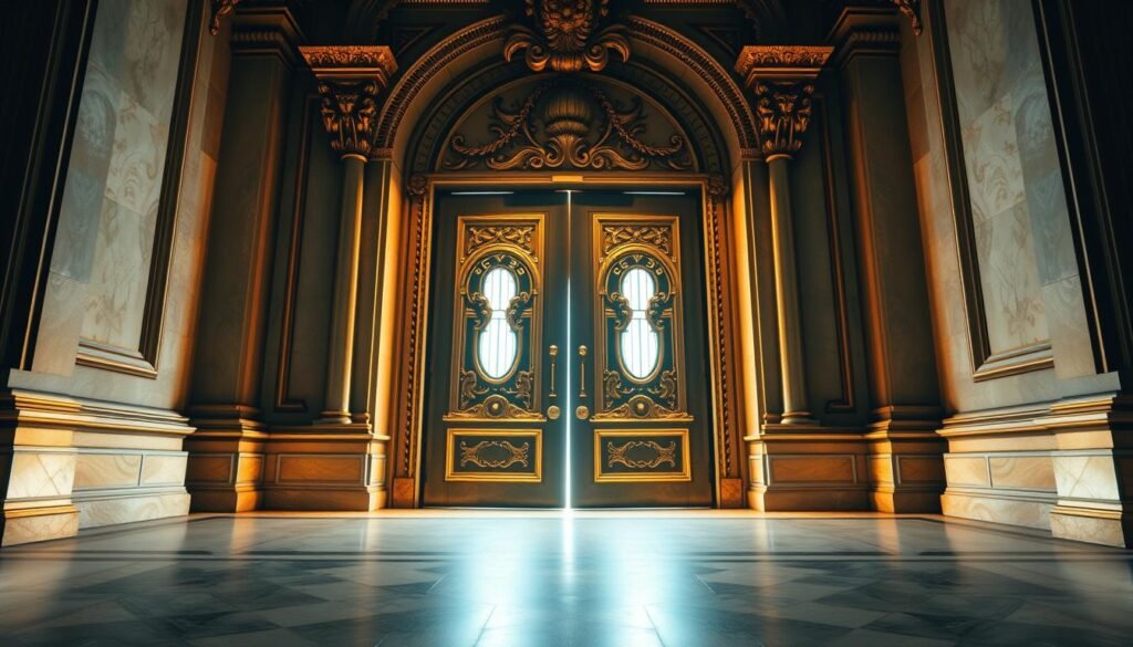 A grand, ornate entryway leading to a secure digital realm. The double doors feature intricate carvings and gilded accents, exuding an air of authority and exclusivity. Warm, ambient lighting casts a welcoming glow, inviting the viewer to step through and immerse themselves in the digital world beyond. The scene is captured from a low, slightly elevated angle, emphasizing the grand scale and grandeur of the entrance. The overall atmosphere conveys a sense of importance, professionalism, and the promise of a smooth, seamless login experience.