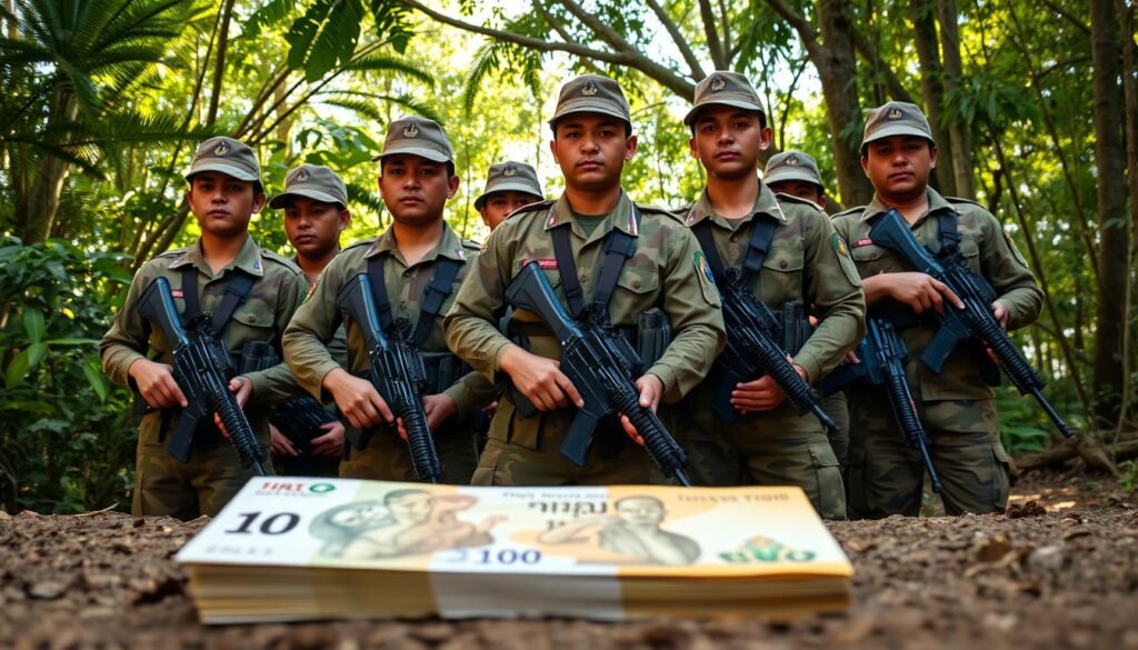 A group of Thai army rangers dressed in camouflage uniforms, standing tall and proud, their weapons at the ready. The scene is set against a lush, verdant jungle backdrop, with sunlight filtering through the canopy above, casting warm, dappled shadows across their faces. Their expressions are focused, conveying a sense of discipline and vigilance. The rangers' fatigues are crisp and well-maintained, reflecting their dedication to their duties. In the foreground, a stack of Thai baht bills lies on the ground, representing the soldiers' monthly pay. The composition emphasizes the soldiers' professionalism and the financial compensation they receive for their vital role in protecting the nation. A group of Thai army rangers dressed in camouflage uniforms, standing tall and proud, their weapons at the ready. The scene is set against a lush, verdant jungle backdrop, with sunlight filtering through the canopy above, casting warm, dappled shadows across their faces. Their expressions are focused, conveying a sense of discipline and vigilance. The rangers' fatigues are crisp and well-maintained, reflecting their dedication to their duties. In the foreground, a stack of Thai baht bills lies on the ground, representing the soldiers' monthly pay. The composition emphasizes the soldiers' professionalism and the financial compensation they receive for their vital role in protecting the nation.