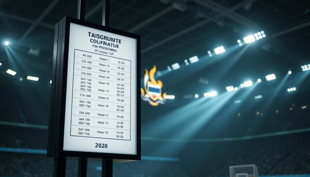 A high-contrast, realistic image of a football match schedule and program, prominently displayed on a digital scoreboard or modern electronic display. The foreground features a clean, minimalist design with clear text detailing the upcoming match dates, times, and team names. The middle ground showcases the Thai national team crest, with vibrant colors and intricate patterns. The background seamlessly blends a dimly lit stadium interior, with spotlights casting dramatic shadows and highlights across the scene. The overall composition conveys a sense of anticipation and excitement for the upcoming FIFA-sanctioned fixtures involving the Thai national football team.