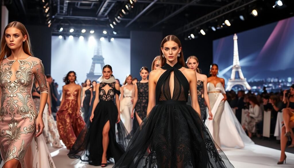 A high-fashion runway in the heart of Paris, illuminated by dramatic lighting and filled with elegant models showcasing the latest couture designs. The foreground features a stunning array of luxurious fabrics, intricate embroidery, and bold silhouettes, while the middle ground captures the energy and movement of the models strutting with confidence. In the background, a glimpse of the iconic Eiffel Tower and the city's skyline sets the scene, conveying a sense of Parisian sophistication and the city's reputation as a global fashion capital. The overall atmosphere exudes a blend of glamour, sophistication, and the vibrant contemporary culture that defines the Siri Wanwaree experience.