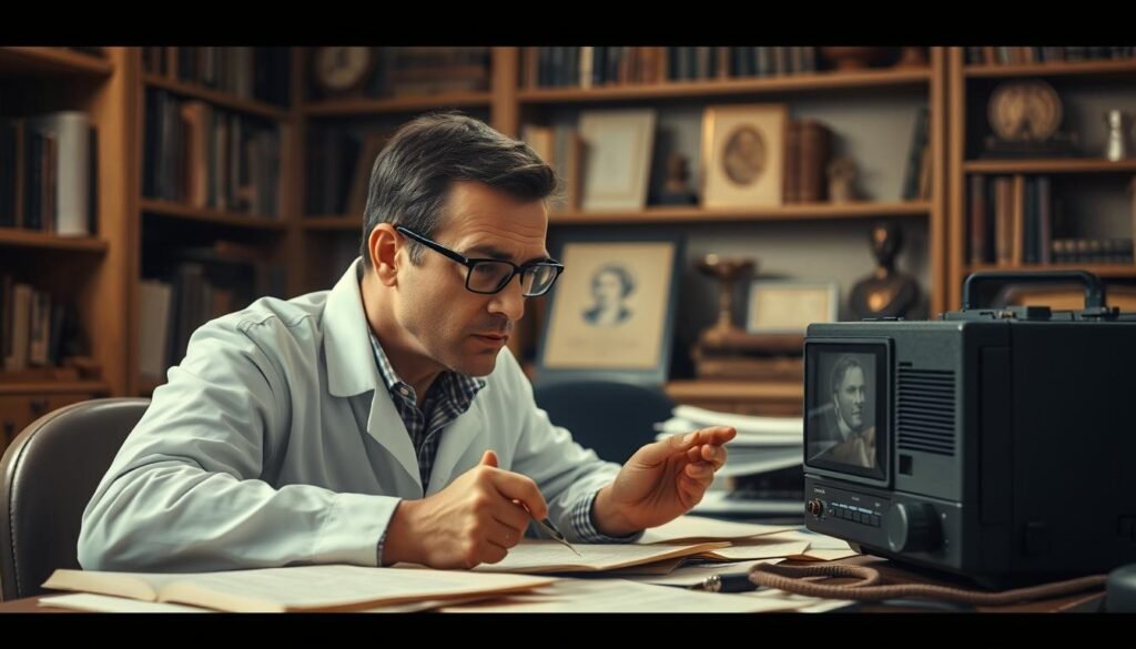 A historical video evaluation scene depicting a researcher meticulously reviewing archival footage. Soft, warm lighting illuminates the subject, with a neutral, muted color palette. The frame is centered on the researcher's face, deep in concentration, surrounded by a cluttered desk with various historical documents and a vintage video player. In the background, shelves of books and artifacts suggest a scholarly setting. The overall atmosphere conveys a sense of contemplation and the importance of preserving historical evidence. A historical video evaluation scene depicting a researcher meticulously reviewing archival footage. Soft, warm lighting illuminates the subject, with a neutral, muted color palette. The frame is centered on the researcher's face, deep in concentration, surrounded by a cluttered desk with various historical documents and a vintage video player. In the background, shelves of books and artifacts suggest a scholarly setting. The overall atmosphere conveys a sense of contemplation and the importance of preserving historical evidence.