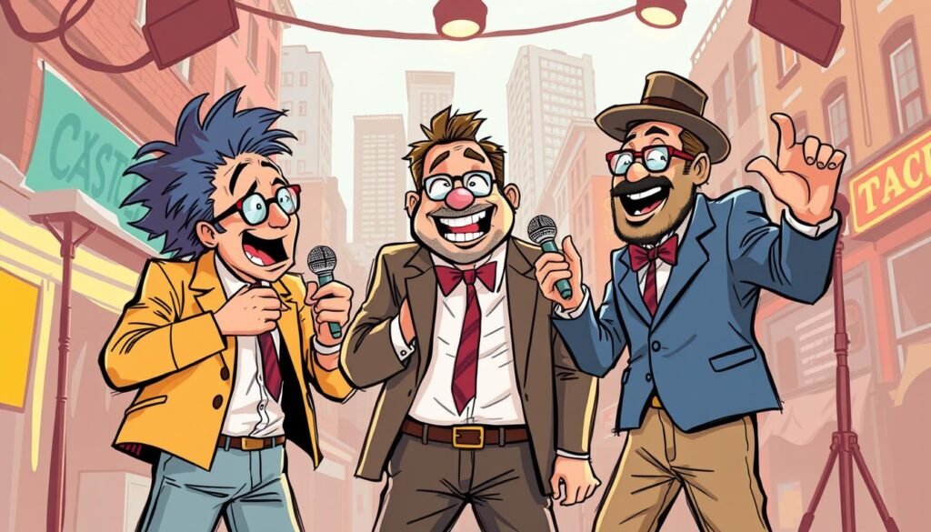 A lively sketch scene depicting three quirky comedians in an engaging performance, set against a vibrant urban backdrop. Showcase their distinct comedic styles and personalities through dynamic poses, expressive gestures, and playful interactions. Utilize a warm, inviting color palette and soft, diffused lighting to create an atmosphere of humor and entertainment. Capture the energy and spirit of the "Three Comedians" section, inviting the viewer to imagine the hilarious antics unfolding on stage. A lively sketch scene depicting three quirky comedians in an engaging performance, set against a vibrant urban backdrop. Showcase their distinct comedic styles and personalities through dynamic poses, expressive gestures, and playful interactions. Utilize a warm, inviting color palette and soft, diffused lighting to create an atmosphere of humor and entertainment. Capture the energy and spirit of the "Three Comedians" section, inviting the viewer to imagine the hilarious antics unfolding on stage.
