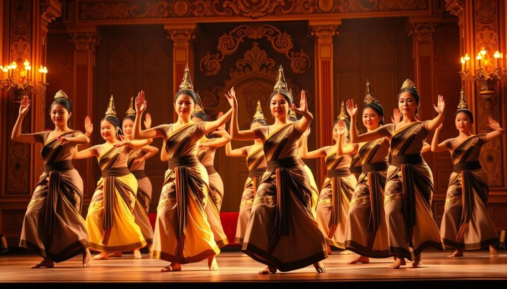 A lively stage with vibrant Thai dancers in traditional costumes, performing graceful, flowing movements of the classic Rabam dance. The dancers' intricate hand gestures and expressive facial expressions convey the rich cultural heritage and spiritual essence of this ancient art form. The scene is bathed in warm, golden lighting, creating a sense of timelessness and authenticity. The background features ornate, elaborately decorated architectural elements, hinting at the performance's regal setting. The overall composition strikes a balance between the dancers' captivating dynamism and the reverent, ceremonial atmosphere, reflecting the multifaceted nature of contemporary Thai dance. A lively stage with vibrant Thai dancers in traditional costumes, performing graceful, flowing movements of the classic Rabam dance. The dancers' intricate hand gestures and expressive facial expressions convey the rich cultural heritage and spiritual essence of this ancient art form. The scene is bathed in warm, golden lighting, creating a sense of timelessness and authenticity. The background features ornate, elaborately decorated architectural elements, hinting at the performance's regal setting. The overall composition strikes a balance between the dancers' captivating dynamism and the reverent, ceremonial atmosphere, reflecting the multifaceted nature of contemporary Thai dance.