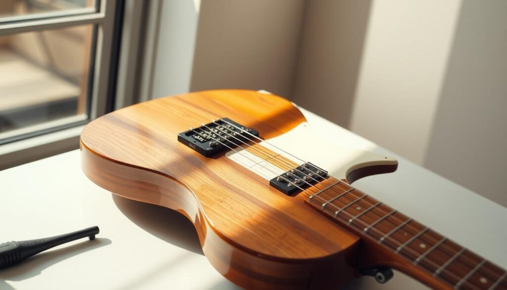 A meticulously crafted musical instrument, featuring a sleek, modern design with a polished maple neck and a rich, resonant body. The fingerboard is adorned with intricate inlays, creating a visually striking pattern that complements the warm, amber hue of the wood. Sunlight streams in through a large window, casting a soft, natural glow on the instrument, highlighting its intricate details and creating a sense of depth and dimension. The guitar is positioned on a clean, minimalist surface, surrounded by a few carefully selected accessories, such as a tuner and a capo, hinting at the versatility and functionality of this musical tool. The overall atmosphere is one of focused creativity and artistic inspiration, inviting the viewer to pick up the instrument and explore the possibilities of the platform chords.