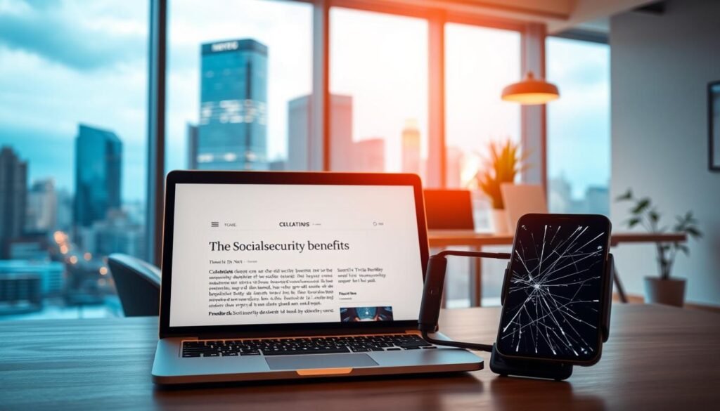 A modern, clean-lined office interior with a large window overlooking a bustling city skyline. In the foreground, a laptop displaying a news article about social security benefits, article title prominently featured. The mid-ground shows a smartphone with a broken screen, representing temporary unavailability of the news source. The background depicts a cozy workspace, with warm lighting, minimal decor, and a potted plant adding a touch of nature. The overall mood is one of professionalism, information-seeking, and resourcefulness in the face of obstacles. A modern, clean-lined office interior with a large window overlooking a bustling city skyline. In the foreground, a laptop displaying a news article about social security benefits, article title prominently featured. The mid-ground shows a smartphone with a broken screen, representing temporary unavailability of the news source. The background depicts a cozy workspace, with warm lighting, minimal decor, and a potted plant adding a touch of nature. The overall mood is one of professionalism, information-seeking, and resourcefulness in the face of obstacles.