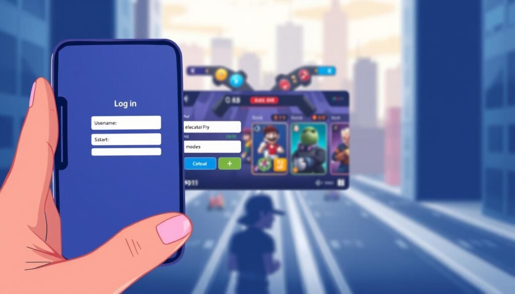 A modern, minimalist illustration depicting the steps to log in and start playing on a mobile gaming platform. In the foreground, a hand holds a smartphone displaying the login screen with username and password fields. In the middle ground, the game's main menu is visible, showcasing key features like character selection and gameplay modes. The background features a blurred, abstract cityscape, suggesting an urban setting. The overall mood is vibrant and inviting, conveying the excitement of diving into a new gaming experience. Soft, directional lighting highlights the key elements, creating a sense of depth and atmosphere. A modern, minimalist illustration depicting the steps to log in and start playing on a mobile gaming platform. In the foreground, a hand holds a smartphone displaying the login screen with username and password fields. In the middle ground, the game's main menu is visible, showcasing key features like character selection and gameplay modes. The background features a blurred, abstract cityscape, suggesting an urban setting. The overall mood is vibrant and inviting, conveying the excitement of diving into a new gaming experience. Soft, directional lighting highlights the key elements, creating a sense of depth and atmosphere.