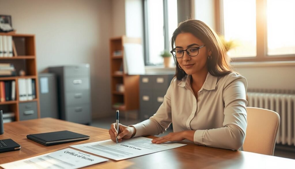 A modern office interior with a person sitting at a desk, diligently filling out a form labeled "Certificate of Income". The scene is bathed in warm, natural lighting from a large window, casting a soft glow on the desk and documents. In the background, a bookshelf and filing cabinets suggest an organized, professional environment. The person's expression conveys focused attention, underscoring the importance of the task at hand - obtaining an official income certificate. The composition emphasizes the process of formally requesting this essential financial document. A modern office interior with a person sitting at a desk, diligently filling out a form labeled "Certificate of Income". The scene is bathed in warm, natural lighting from a large window, casting a soft glow on the desk and documents. In the background, a bookshelf and filing cabinets suggest an organized, professional environment. The person's expression conveys focused attention, underscoring the importance of the task at hand - obtaining an official income certificate. The composition emphasizes the process of formally requesting this essential financial document.