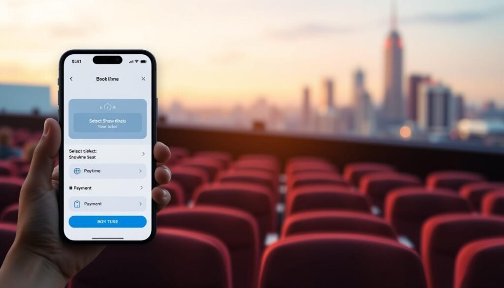A modern, sleek interface with a seamless booking process for movie tickets. In the foreground, a stylized mobile device displays a clean, intuitive app UI with clear options to select showtime, seat, and payment. The middle ground features a warm, inviting cinema setting with plush seats and subtle lighting. In the background, a blurred city skyline hints at the convenience of accessing the service from anywhere. The overall atmosphere conveys a sense of efficiency, security, and an elevated cinematic experience. A modern, sleek interface with a seamless booking process for movie tickets. In the foreground, a stylized mobile device displays a clean, intuitive app UI with clear options to select showtime, seat, and payment. The middle ground features a warm, inviting cinema setting with plush seats and subtle lighting. In the background, a blurred city skyline hints at the convenience of accessing the service from anywhere. The overall atmosphere conveys a sense of efficiency, security, and an elevated cinematic experience.