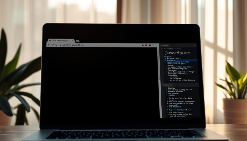 A modern, sleek web browser window with a clean, minimalist interface. The window is prominently displayed, filling the center of the frame. The browser's address bar shows "javascript.com" and the developer tools panel is open, revealing lines of JavaScript code. The scene is bathed in warm, natural lighting, conveying a sense of productivity and focus. The overall mood is one of professionalism and technological competence, reflecting the subject matter of the article section.
