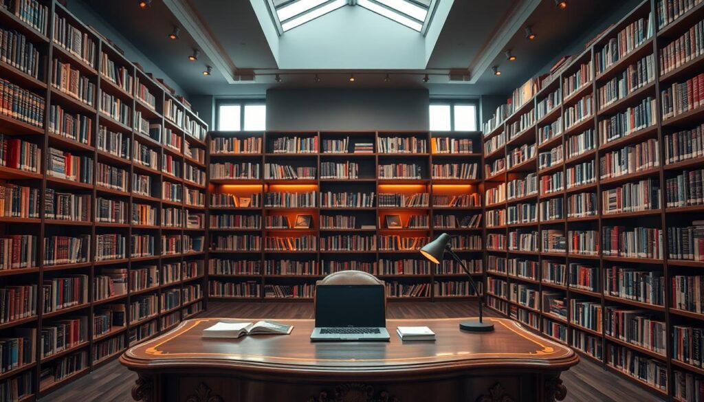 A modern, well-lit library interior with floor-to-ceiling bookshelves lining the walls. The shelves are filled with a diverse collection of books, ranging from classic literature to contemporary works. A large, ornate desk stands in the foreground, with a sleek laptop, a few carefully placed notebooks, and a stylish desk lamp. The room is illuminated by a combination of natural light streaming in through large windows and warm, ambient lighting fixtures. The atmosphere is one of quiet contemplation and intellectual discovery, inviting the viewer to explore the wealth of knowledge contained within the books. The overall impression is one of a refined, inviting space dedicated to the pursuit of wisdom and understanding. A modern, well-lit library interior with floor-to-ceiling bookshelves lining the walls. The shelves are filled with a diverse collection of books, ranging from classic literature to contemporary works. A large, ornate desk stands in the foreground, with a sleek laptop, a few carefully placed notebooks, and a stylish desk lamp. The room is illuminated by a combination of natural light streaming in through large windows and warm, ambient lighting fixtures. The atmosphere is one of quiet contemplation and intellectual discovery, inviting the viewer to explore the wealth of knowledge contained within the books. The overall impression is one of a refined, inviting space dedicated to the pursuit of wisdom and understanding.