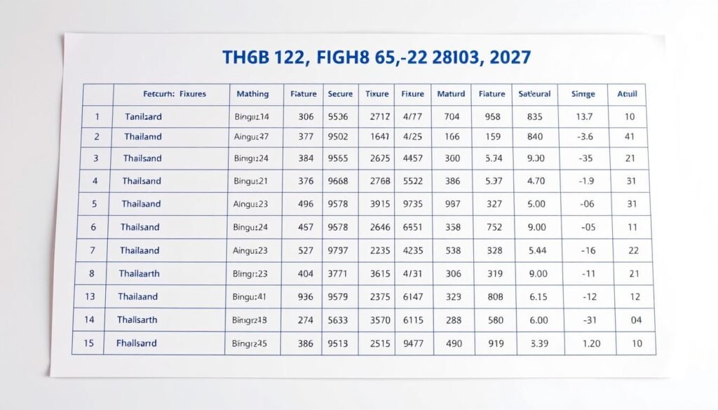 A neatly organized table showcasing the latest fixtures and results of the Thailand U23 national football team. The table is presented against a clean, minimalist background, with gridlines and text in a clear, readable font. The table columns display the match dates, opposing teams, and the final scores, allowing the viewer to easily track the team's recent performance. The overall design is professional and visually appealing, providing a comprehensive overview of the team's competitive schedule and outcomes. The lighting is soft and even, highlighting the table's details without distracting from the core information. The camera angle is slightly elevated, giving the impression of an official match report or tournament schedule. A neatly organized table showcasing the latest fixtures and results of the Thailand U23 national football team. The table is presented against a clean, minimalist background, with gridlines and text in a clear, readable font. The table columns display the match dates, opposing teams, and the final scores, allowing the viewer to easily track the team's recent performance. The overall design is professional and visually appealing, providing a comprehensive overview of the team's competitive schedule and outcomes. The lighting is soft and even, highlighting the table's details without distracting from the core information. The camera angle is slightly elevated, giving the impression of an official match report or tournament schedule.