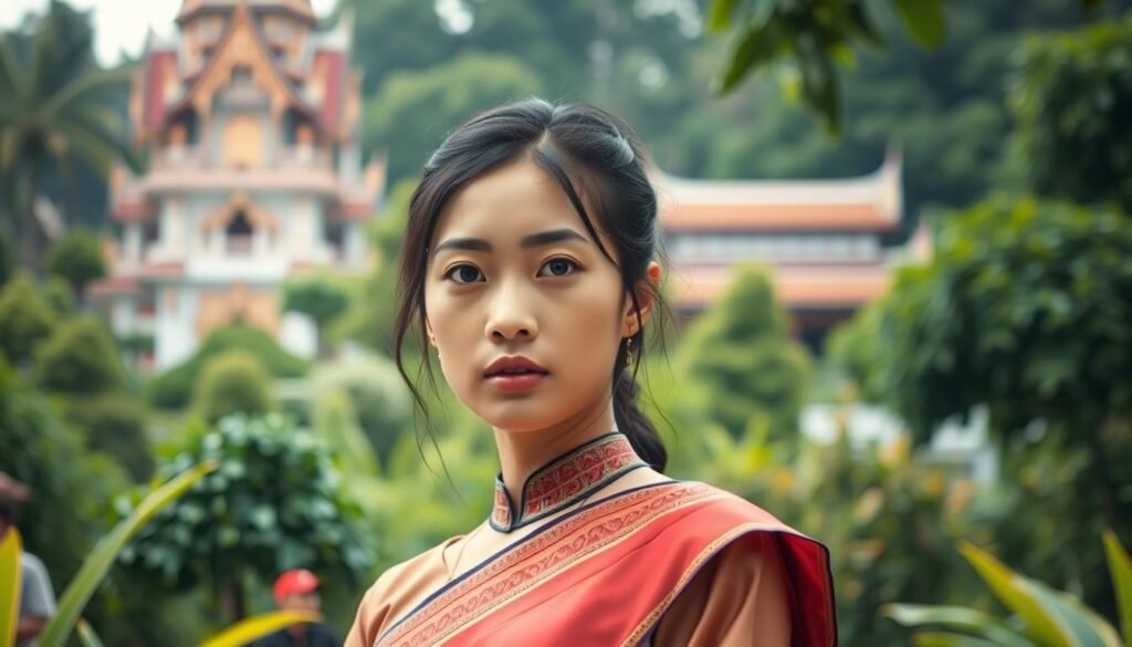 A portrait of a young woman dressed in a traditional Thai outfit, standing in a lush, verdant garden. The lighting is soft and diffused, creating a warm, contemplative mood. The woman's gaze is pensive, her expression reflecting a deep sense of introspection. In the background, a towering Thai-style building, its intricate architecture a testament to the rich cultural heritage. The composition emphasizes the juxtaposition of the individual and the larger context of her educational and cultural background. A portrait of a young woman dressed in a traditional Thai outfit, standing in a lush, verdant garden. The lighting is soft and diffused, creating a warm, contemplative mood. The woman's gaze is pensive, her expression reflecting a deep sense of introspection. In the background, a towering Thai-style building, its intricate architecture a testament to the rich cultural heritage. The composition emphasizes the juxtaposition of the individual and the larger context of her educational and cultural background.
