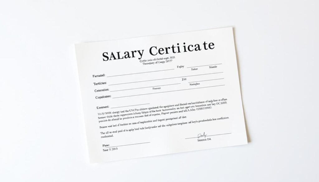 A realistic, high-quality image of a sample salary certificate document. The document has a formal, official appearance with a clean, minimal layout. The paper has a slight texture and off-white color. The content on the document is legible but not emphasized, allowing the overall design to be the focal point. The document is positioned in the center of the frame, with a neutral, uncluttered background that allows the certificate to stand out. The lighting is soft and diffused, creating a professional, administrative atmosphere. The angle is slightly angled to provide depth and visual interest, but the document remains the primary subject. The image conveys the sense of an authentic, standard salary certificate that could be used in a business or financial context. A realistic, high-quality image of a sample salary certificate document. The document has a formal, official appearance with a clean, minimal layout. The paper has a slight texture and off-white color. The content on the document is legible but not emphasized, allowing the overall design to be the focal point. The document is positioned in the center of the frame, with a neutral, uncluttered background that allows the certificate to stand out. The lighting is soft and diffused, creating a professional, administrative atmosphere. The angle is slightly angled to provide depth and visual interest, but the document remains the primary subject. The image conveys the sense of an authentic, standard salary certificate that could be used in a business or financial context.