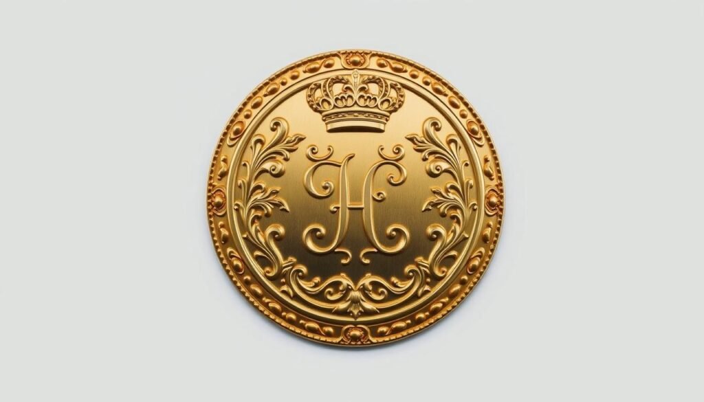 A regal medal with a bold, intricate royal cypher emblazoned at its center. The design is adorned with ornate, symmetrical patterns and flourishes, exuding a sense of grandeur and prestige. The medal is rendered in lustrous gold, its surface reflecting the light with a warm, burnished glow. The edges are rimmed with a delicate, intricately detailed border, adding an extra layer of sophistication. The medal is presented against a clean, neutral background, allowing its majestic design to take center stage. The overall composition conveys a strong sense of honor, tradition, and the legacy of a distinguished royal heritage.
