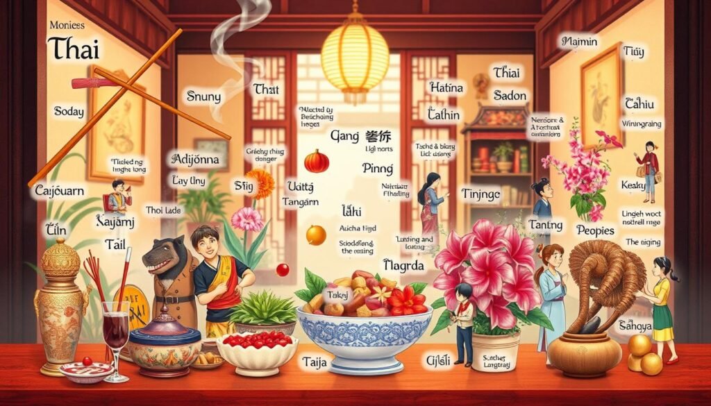 A richly detailed illustration of various Thai idioms and expressions, captured in a harmonious composition. The foreground showcases a selection of symbolic objects and scenes, such as a pair of ornate chopsticks, a bowl of steaming food, and a vibrant floral arrangement. The middle ground features dynamic vignettes of people engaged in everyday activities, their gestures and interactions conveying the nuanced meanings of the language. The background is a warm, inviting interior, with hints of traditional Thai architectural elements and a soft, diffused lighting that imbues the scene with a sense of tranquility and cultural authenticity. The overall atmosphere evokes a celebration of the depth and beauty of the Thai language, inviting the viewer to explore its captivating expressions. A richly detailed illustration of various Thai idioms and expressions, captured in a harmonious composition. The foreground showcases a selection of symbolic objects and scenes, such as a pair of ornate chopsticks, a bowl of steaming food, and a vibrant floral arrangement. The middle ground features dynamic vignettes of people engaged in everyday activities, their gestures and interactions conveying the nuanced meanings of the language. The background is a warm, inviting interior, with hints of traditional Thai architectural elements and a soft, diffused lighting that imbues the scene with a sense of tranquility and cultural authenticity. The overall atmosphere evokes a celebration of the depth and beauty of the Thai language, inviting the viewer to explore its captivating expressions.