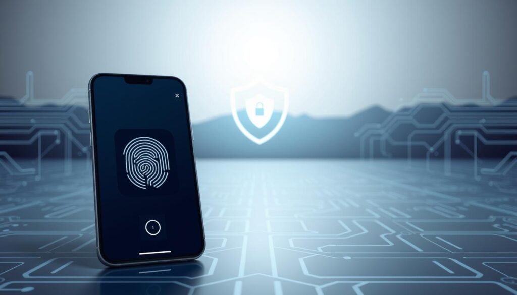 A secure digital gateway with biometric authentication. In the foreground, a sleek mobile device displays a fingerprint scanner and facial recognition interface. The middle ground features a stylized shield emblem, symbolizing data protection and user identity verification. The background depicts a minimalist technological landscape, with abstract circuit patterns and a soft, diffused light source illuminating the scene. The overall aesthetic conveys a sense of modern, reliable cybersecurity tailored for a seamless mobile experience. A secure digital gateway with biometric authentication. In the foreground, a sleek mobile device displays a fingerprint scanner and facial recognition interface. The middle ground features a stylized shield emblem, symbolizing data protection and user identity verification. The background depicts a minimalist technological landscape, with abstract circuit patterns and a soft, diffused light source illuminating the scene. The overall aesthetic conveys a sense of modern, reliable cybersecurity tailored for a seamless mobile experience.