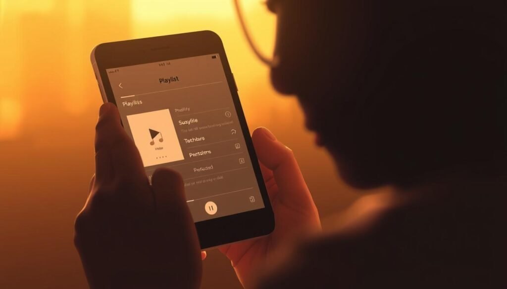 A serene and minimalist illustration of a person customizing their music playlist on a smartphone or tablet. The scene is bathed in warm, golden lighting, creating a calming and introspective atmosphere. The user's face is partially obscured, emphasizing the personal and intimate nature of the experience. The device's screen displays a simple and intuitive playlist interface, with clean lines and muted colors. The background is blurred, drawing the viewer's focus to the central figure and their interaction with the music. The overall composition conveys a sense of tranquility and inner reflection, reflecting the theme of the article section.