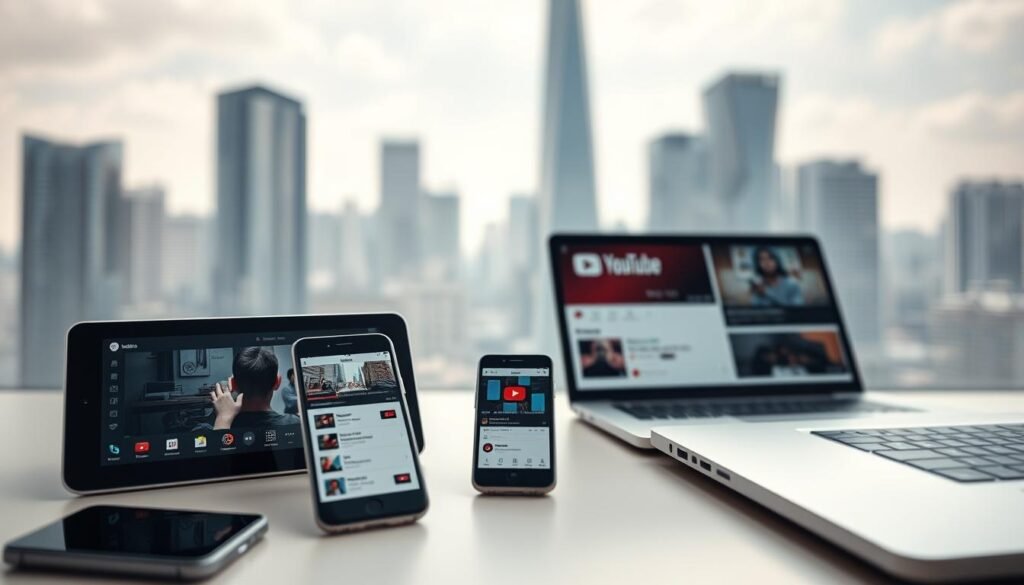 A serene and peaceful scene depicting the various services available for safely downloading music from YouTube on multiple devices. In the foreground, a smartphone, tablet, and laptop are arranged, showcasing different platforms and operating systems. The middle ground features a clean, minimalist workspace with a streamlined file manager and audio player interface. In the background, a subtly blurred cityscape with modern high-rise buildings conveys a sense of technological progress and connectivity. The lighting is soft and natural, creating a calming ambiance. The overall composition suggests a secure, user-friendly, and accessible experience for downloading music from YouTube across a range of devices. A serene and peaceful scene depicting the various services available for safely downloading music from YouTube on multiple devices. In the foreground, a smartphone, tablet, and laptop are arranged, showcasing different platforms and operating systems. The middle ground features a clean, minimalist workspace with a streamlined file manager and audio player interface. In the background, a subtly blurred cityscape with modern high-rise buildings conveys a sense of technological progress and connectivity. The lighting is soft and natural, creating a calming ambiance. The overall composition suggests a secure, user-friendly, and accessible experience for downloading music from YouTube across a range of devices.