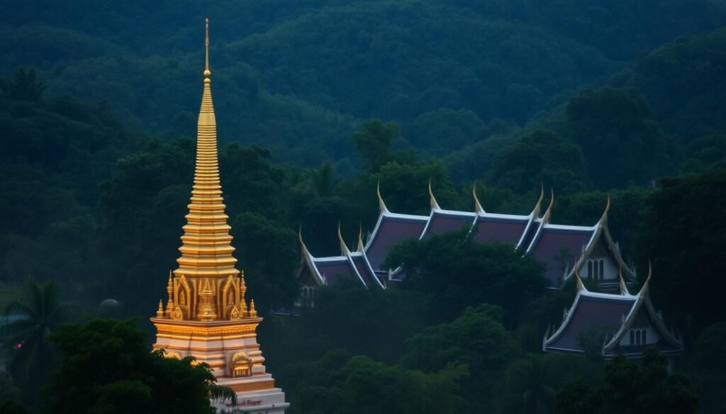 A serene, atmospheric scene of the Buddhist temple complex "Wat Thatnoi - Wat Suankwan", nestled amidst lush greenery. In the foreground, the ornate, gilded chedi (stupa) of Wat Thatnoi rises majestically, its intricate details and ornaments illuminated by warm, soft lighting. In the middle ground, the graceful, curved roofs of Wat Suankwan's buildings peek out from the surrounding foliage, conveying a sense of tranquility and reverence. The background is filled with a verdant, shaded landscape, hinting at the temple's connection to the natural world and the sacred significance of the site. The overall mood is one of reverence, contemplation, and the enduring presence of Buddhist faith and tradition. A serene, atmospheric scene of the Buddhist temple complex "Wat Thatnoi - Wat Suankwan", nestled amidst lush greenery. In the foreground, the ornate, gilded chedi (stupa) of Wat Thatnoi rises majestically, its intricate details and ornaments illuminated by warm, soft lighting. In the middle ground, the graceful, curved roofs of Wat Suankwan's buildings peek out from the surrounding foliage, conveying a sense of tranquility and reverence. The background is filled with a verdant, shaded landscape, hinting at the temple's connection to the natural world and the sacred significance of the site. The overall mood is one of reverence, contemplation, and the enduring presence of Buddhist faith and tradition.