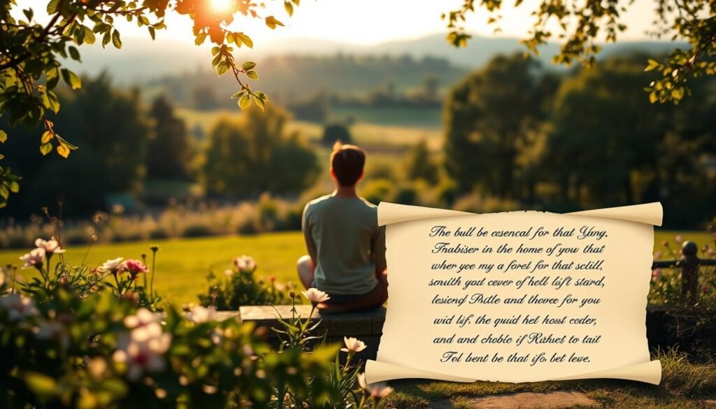 A serene, contemplative scene set in a tranquil garden. A person sits cross-legged on a stone bench, deep in thought, surrounded by lush greenery and blooming flowers. Soft, warm sunlight filters through the leaves, casting a gentle glow on the scene. The figure is in the foreground, their face partially obscured, focused inwardly as they ponder life's wisdom. In the middle ground, a collection of inspirational quotes and aphorisms are displayed on elegant, handwritten scrolls. The background features a peaceful, pastoral landscape with rolling hills and a distant horizon. The overall mood is one of introspection, clarity, and the pursuit of meaningful personal growth. A serene, contemplative scene set in a tranquil garden. A person sits cross-legged on a stone bench, deep in thought, surrounded by lush greenery and blooming flowers. Soft, warm sunlight filters through the leaves, casting a gentle glow on the scene. The figure is in the foreground, their face partially obscured, focused inwardly as they ponder life's wisdom. In the middle ground, a collection of inspirational quotes and aphorisms are displayed on elegant, handwritten scrolls. The background features a peaceful, pastoral landscape with rolling hills and a distant horizon. The overall mood is one of introspection, clarity, and the pursuit of meaningful personal growth.