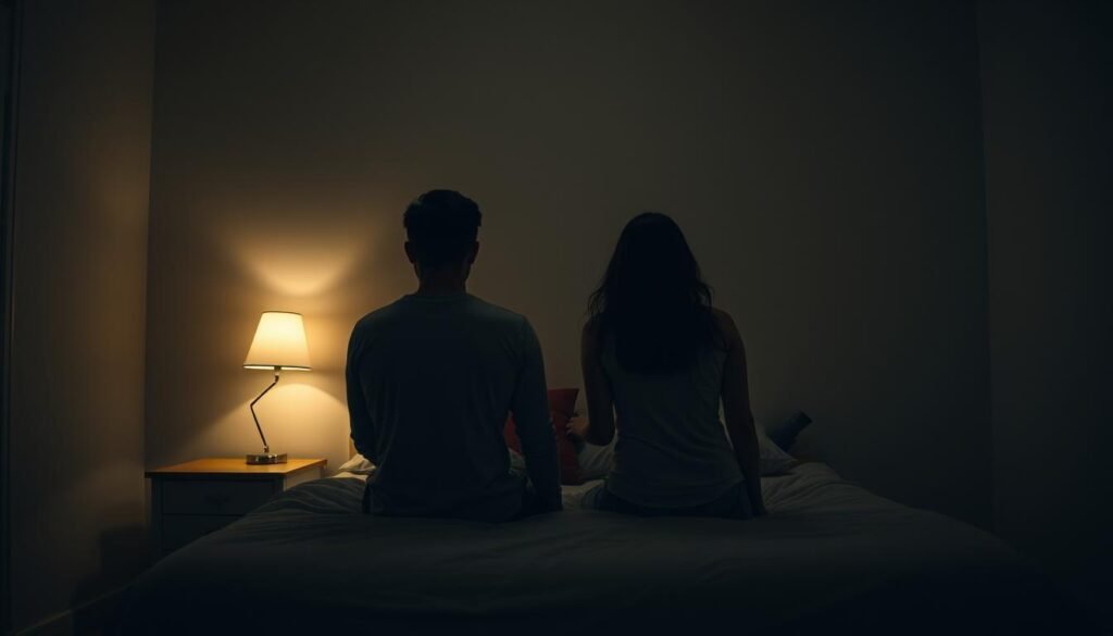 A serene, dimly lit bedroom scene. A young couple, their backs turned to the viewer, sitting on the edge of a bed, surrounded by the soft glow of a single bedside lamp. Their posture suggests a somber, introspective mood as they gaze out at an unseen distance, perhaps contemplating the end of their relationship. The room's muted color palette, from the neutral tones of the bedding to the shadows cast across the walls, heightens the sense of melancholy. The overall composition evokes a palpable sense of wistfulness and the bittersweet emotions associated with the dream of ending a relationship. A serene, dimly lit bedroom scene. A young couple, their backs turned to the viewer, sitting on the edge of a bed, surrounded by the soft glow of a single bedside lamp. Their posture suggests a somber, introspective mood as they gaze out at an unseen distance, perhaps contemplating the end of their relationship. The room's muted color palette, from the neutral tones of the bedding to the shadows cast across the walls, heightens the sense of melancholy. The overall composition evokes a palpable sense of wistfulness and the bittersweet emotions associated with the dream of ending a relationship.