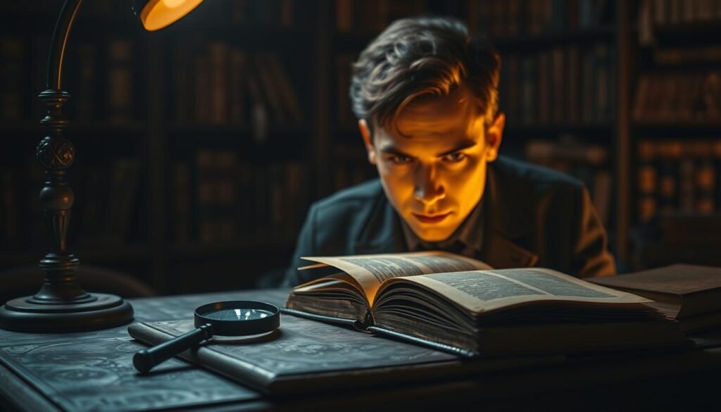A serene, dimly lit study setting with a vintage desk, a magnifying glass, and an open leather-bound book on its surface. In the middle ground, a researcher gazes intently at the book, their face illuminated by soft, warm lighting. The background features a bookshelf filled with ancient tomes, suggesting a scholarly, historic atmosphere. The scene conveys a sense of thoughtful contemplation and the methodical evaluation of historical evidence. A serene, dimly lit study setting with a vintage desk, a magnifying glass, and an open leather-bound book on its surface. In the middle ground, a researcher gazes intently at the book, their face illuminated by soft, warm lighting. The background features a bookshelf filled with ancient tomes, suggesting a scholarly, historic atmosphere. The scene conveys a sense of thoughtful contemplation and the methodical evaluation of historical evidence.
